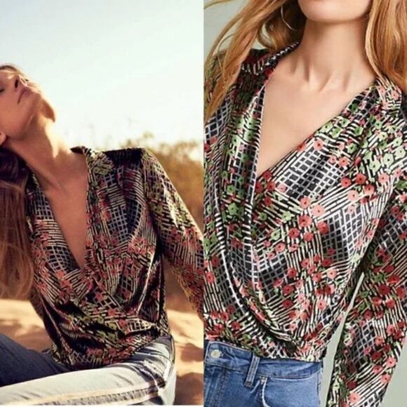 Anthropologie Abstract Floral Velvet Wrap Blazer Size 0 - Picture 2 of 15